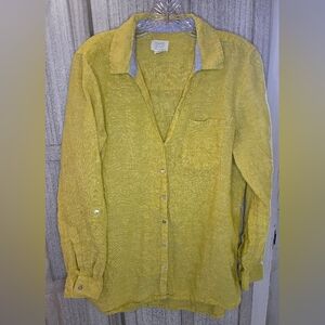 Sigrid Olsen Womens 100% Linen Button Up Shirt Size M Chartreuse Green
